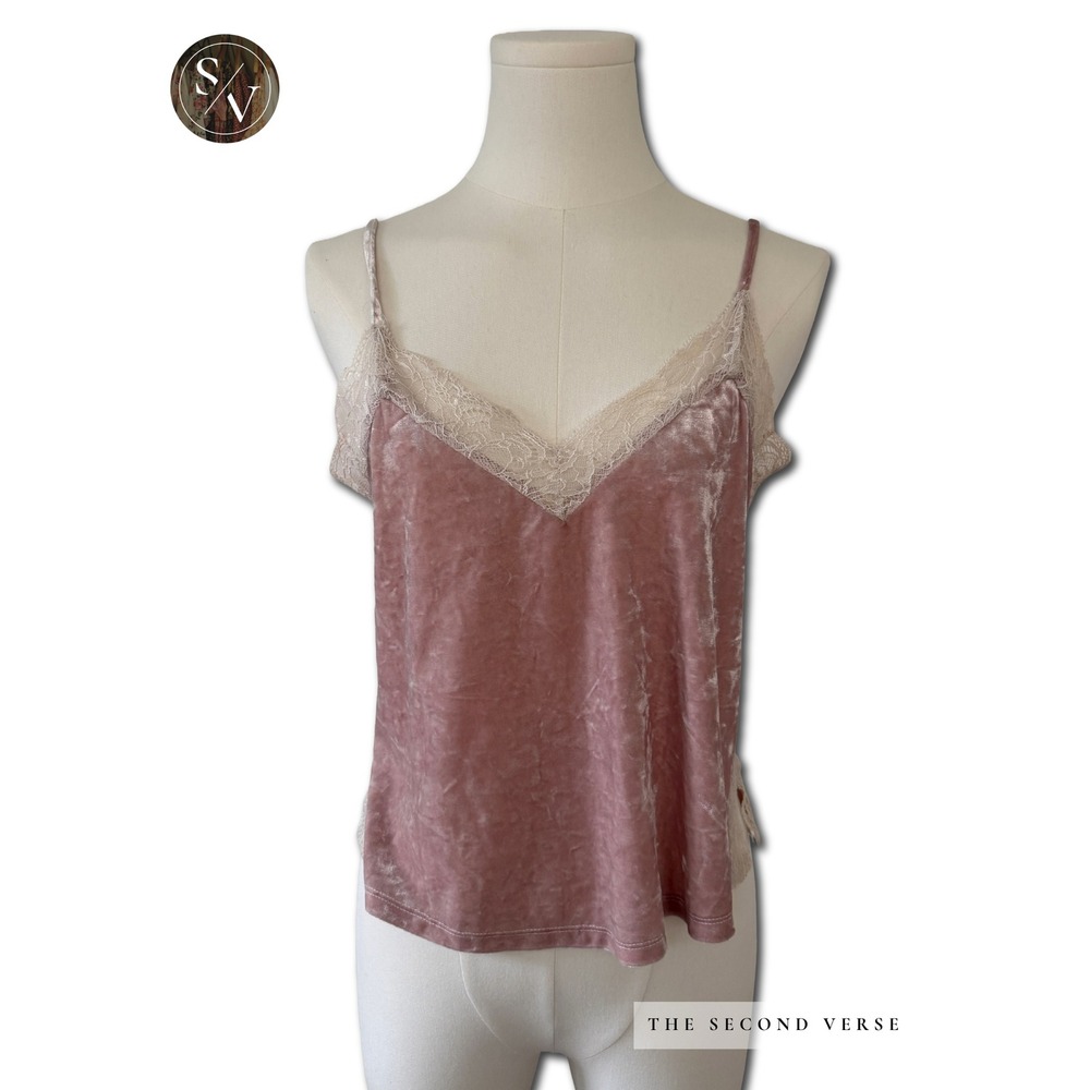 Forever 21 Cami Women Pink Crushed Velvet Lace Trim V-Neck Tank Top Balletcore